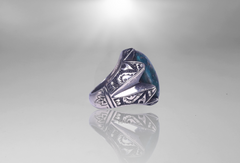 Men Signet Ring - 14k White-Gold Plated Natural Blue Green Pyrite Turquoise aka Feroze Engraved Sterling Silver Ring