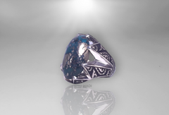 Men Signet Ring - 14k White-Gold Plated Natural Blue Green Pyrite Turquoise aka Feroze Engraved Sterling Silver Ring