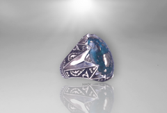 Men Signet Ring - 14k White-Gold Plated Natural Blue Green Pyrite Turquoise aka Feroze Engraved Sterling Silver Ring