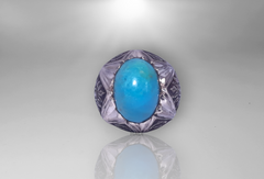 Men Signet Ring - Natural Turquoise aka Feroze Gemstone Engraved Ring Sterling Silver - Perfect Gift for HIM - 14k White-Gold Plated