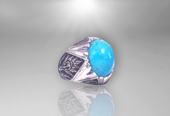 Men Signet Ring - Natural Turquoise aka Feroze Gemstone Engraved Ring Sterling Silver - Perfect Gift for HIM - 14k White-Gold Plated
