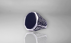 Men Signet Rings - Elegant Sterling Silver Ring in Black Onyx - One Side Plain One Side Engraved- 14k White-Gold Plated with Matte and Shiny Finishing