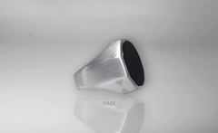 Men Signet Rings - Elegant Sterling Silver Ring in Black Onyx - One Side Plain One Side Engraved- 14k White-Gold Plated with Matte and Shiny Finishing