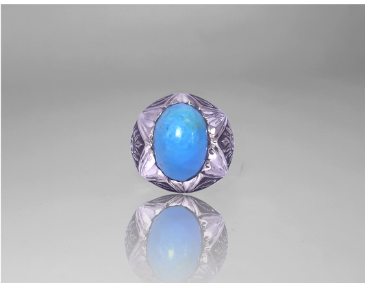 Men Signet Ring - Natural Turquoise aka Feroze Gemstone Engraved Ring  Sterling Silver - Perfect Gift for HIM - 14k White-Gold Plated