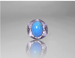 Men Signet Ring - Natural Turquoise aka Feroze Gemstone Engraved Ring Sterling Silver - Perfect Gift for HIM - 14k White-Gold Plated