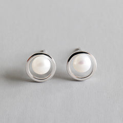 Geometry Hollow Circle Round Natural Pearl Stud Earrings - Palladium-Plated Silver Pearl Earrings for women - Perfect Pearl Earrings with Gift Wrapping Included