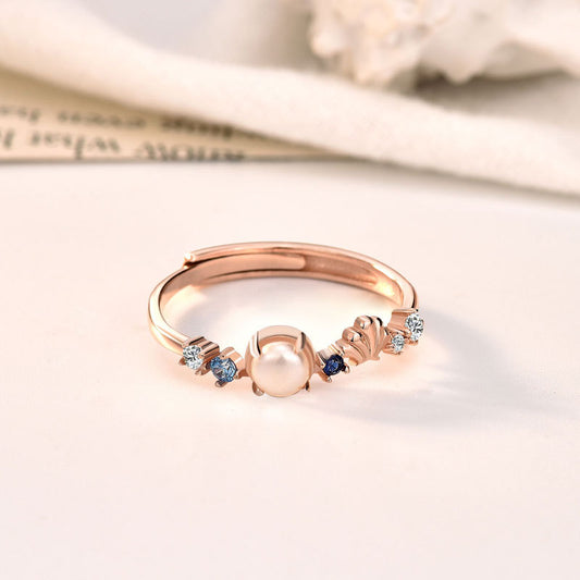Elegant Shell Pearl Mermaid Tail CZ Adjustable Ring - Rose Gold-Plated Silver Pearl Rings for women - Perfect Pearl Rings with Gift Wrapping Included