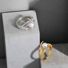 خاتم أنيق من اللؤلؤ الطبيعي غير منتظم قابل للتعديل - خواتم لؤلؤ فضية مطلية بالذهب للنساء - خواتم لؤلؤ مثالية مع تغليف الهدايا