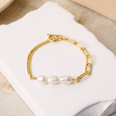 Asymmetry Hollow Chain Baroque Natural Pearl Bracelet - Gold-Plated Silver Pearl Bracelet for women - Perfect Pearl Bracelet with Gift Wrapping Included