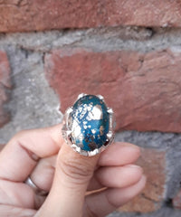 Men Signet Ring -  14k White-Gold Plated Natural Blue Green Pyrite Turquoise aka Feroze Engraved  Sterling Silver Ring