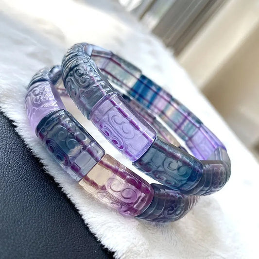 Natural Colorful Fluorite Quartz Gemstone Bracelet, Clear Rectangle Beads Sizes 13x10mm
