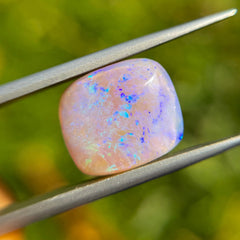 Opal stone held between tweezers with a blurred green background
