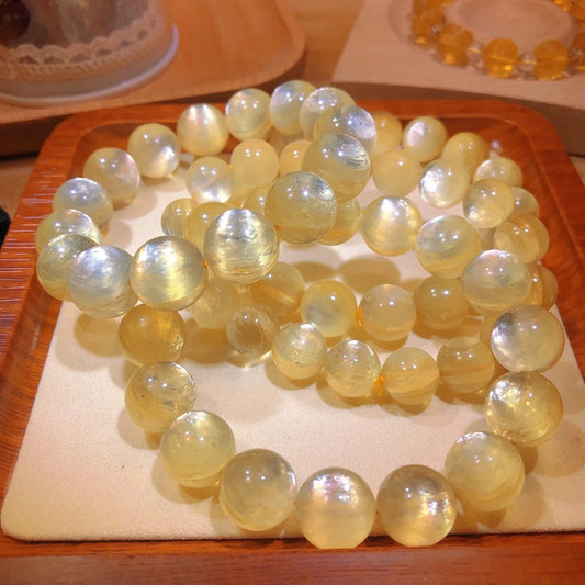Natural Gold Kunzite Lepidolite Quartz Crystal Gemstone Bracelet, Size 10,11,12,13,14,16mm