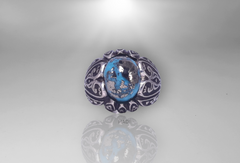 Men Signet Ring -  14k White-Gold Plated Natural Morenci Pyrite Turquoise aka Feroze Engraved  Sterling Silver Ring