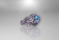 Men Signet Ring -  14k White-Gold Plated Natural Morenci Pyrite Turquoise aka Feroze Engraved  Sterling Silver Ring