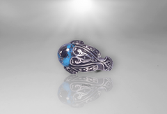 Men Signet Ring -  14k White-Gold Plated Natural Morenci Pyrite Turquoise aka Feroze Engraved  Sterling Silver Ring