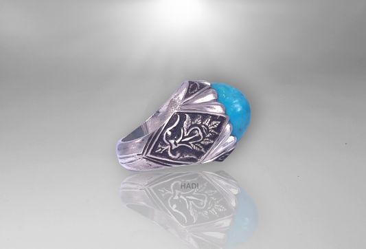 Men Signet Ring - Natural Turquoise aka Feroze Gemstone Engraved Ring  Sterling Silver - Perfect Gift for HIM - 14k White-Gold Plated