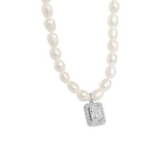Elegant Natural Pearl Rectangle CZ Necklace - Gold-Plated Silver Pearl Necklace - Perfect Pearl Necklace with Gift Wrapping Included