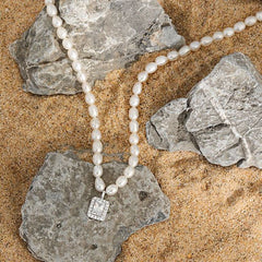 Elegant Natural Pearl Rectangle CZ Necklace - Gold-Plated Silver Pearl Necklace - Perfect Pearl Necklace with Gift Wrapping Included
